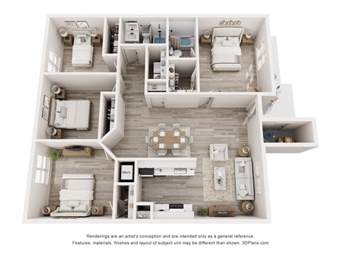 Floor plan for 4 beds, 2 baths, 1239 sqft